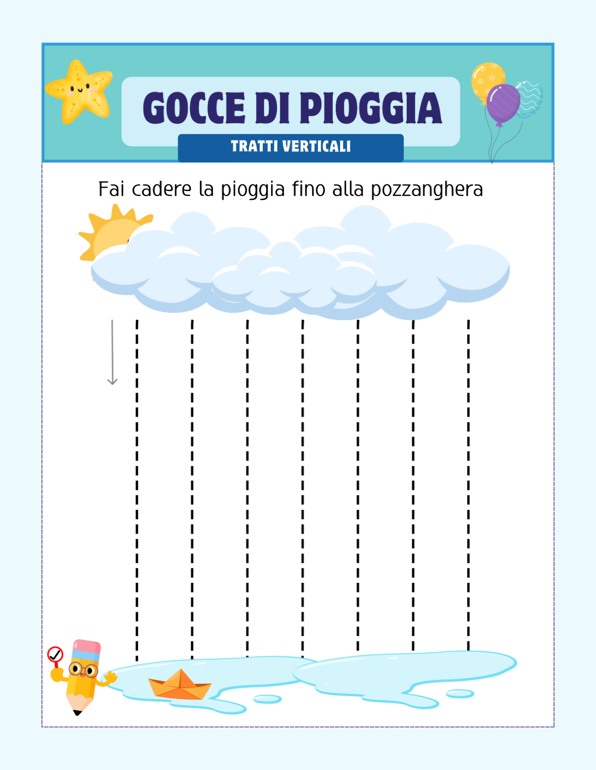Scheda con linee verticali tratteggiate da ripassare dalla nuvola alla pozzanghera
