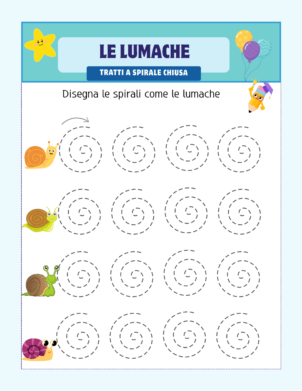 Pagina con spirali da tracciare come i gusci delle lumache