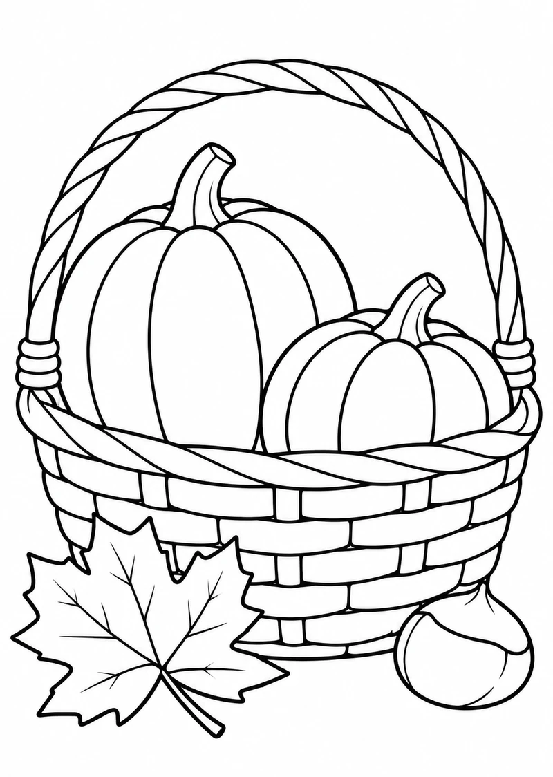 Cesta con due zucche, una foglia e una castagna, disegno d'autunno da colorare