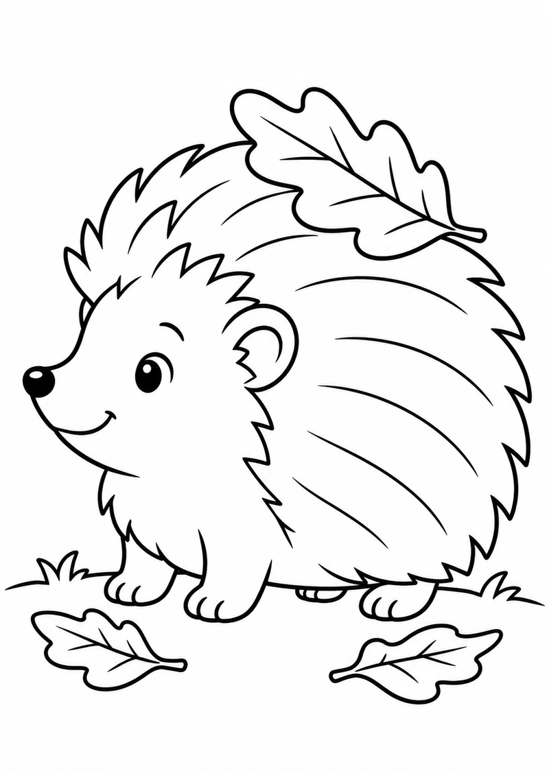 Riccio sorridente con una foglia sul dorso, disegno da colorare