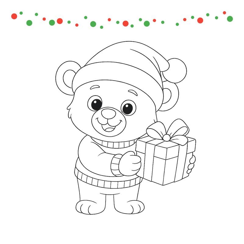 Disegno di Natale da colorare per bambini: orsetto con regalo