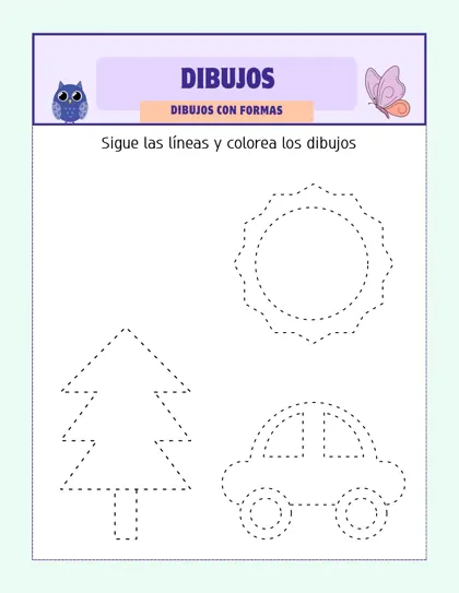 Hoja de trazos gratis: dibujos con formas, repasar y colorear un árbol, un sol y un carro