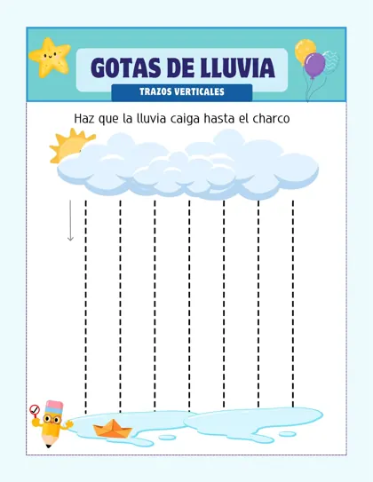 Hoja de trazos gratis: gotas de lluvia, trazos verticales, de arriba abajo