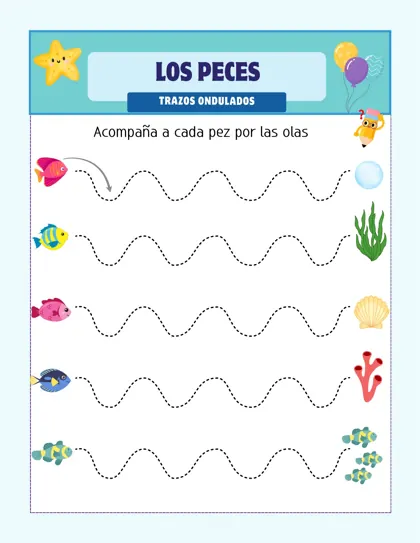 Hoja de trazos gratis: los peces, líneas onduladas para soltar la muñeca