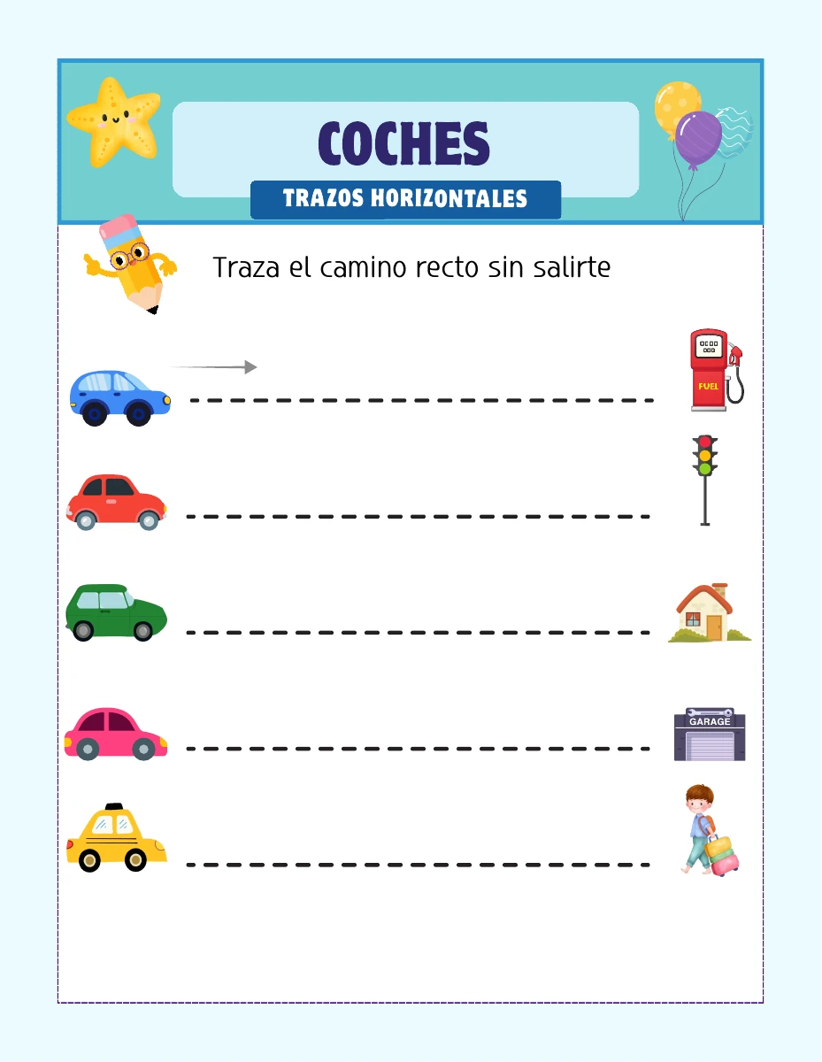 Página interior de Mi libro de grafomotricidad: caminos horizontales con coches