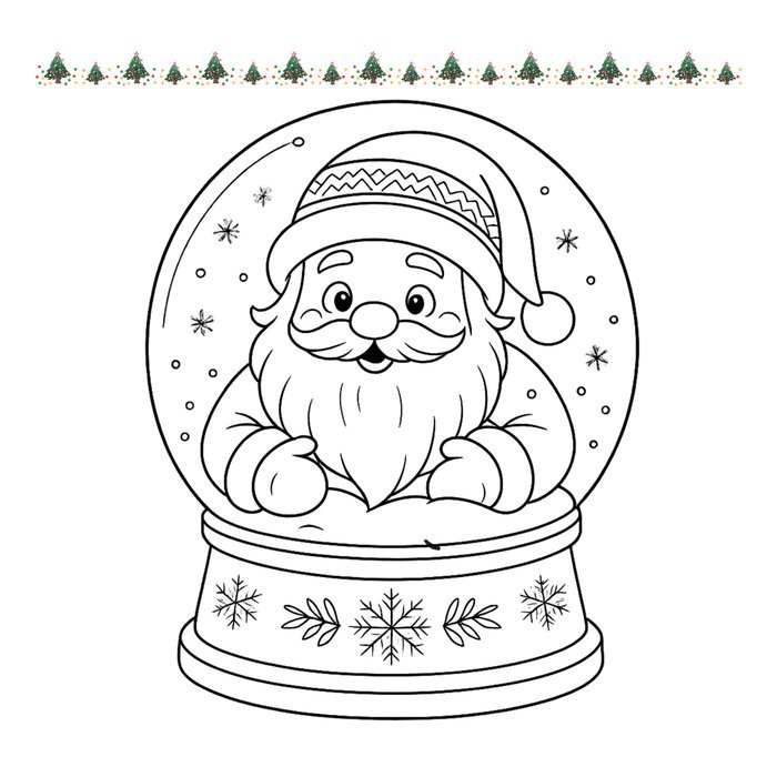 Pagina da colorare con Babbo Natale dentro una sfera di neve