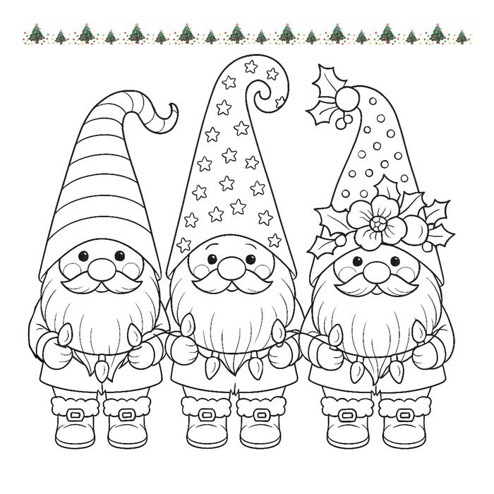 Pagina da colorare con tre gnomi di Natale