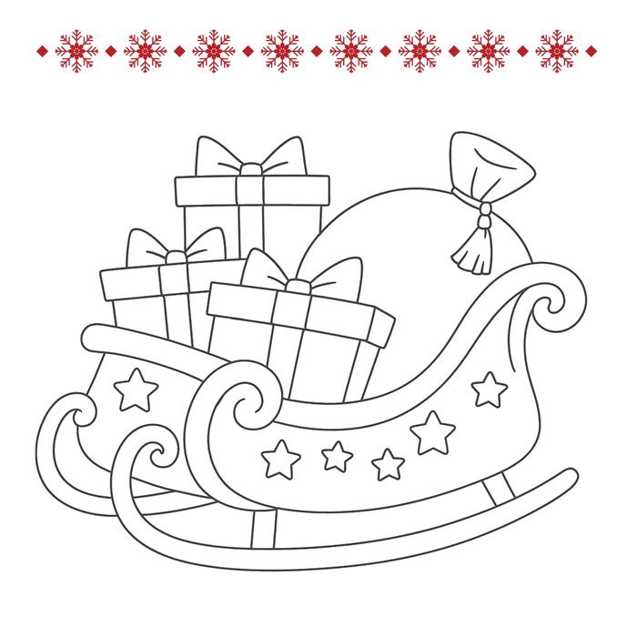 Pagina da colorare con la slitta di Babbo Natale piena di regali