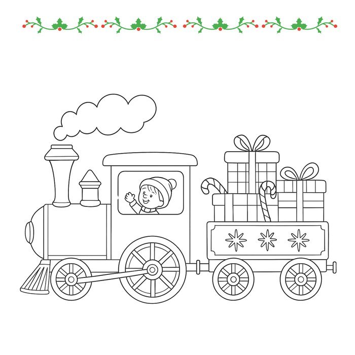 Pagina da colorare con un trenino di Natale che porta i pacchi regalo